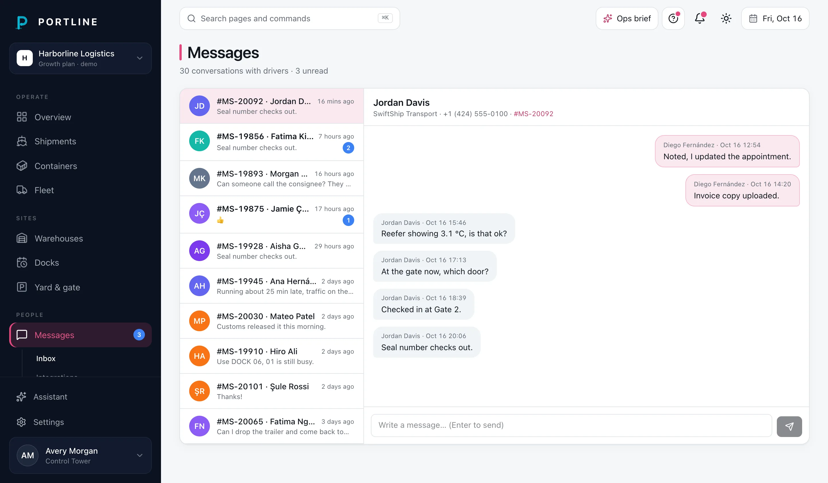Messages: conversations with drivers, each linked to a shipment.